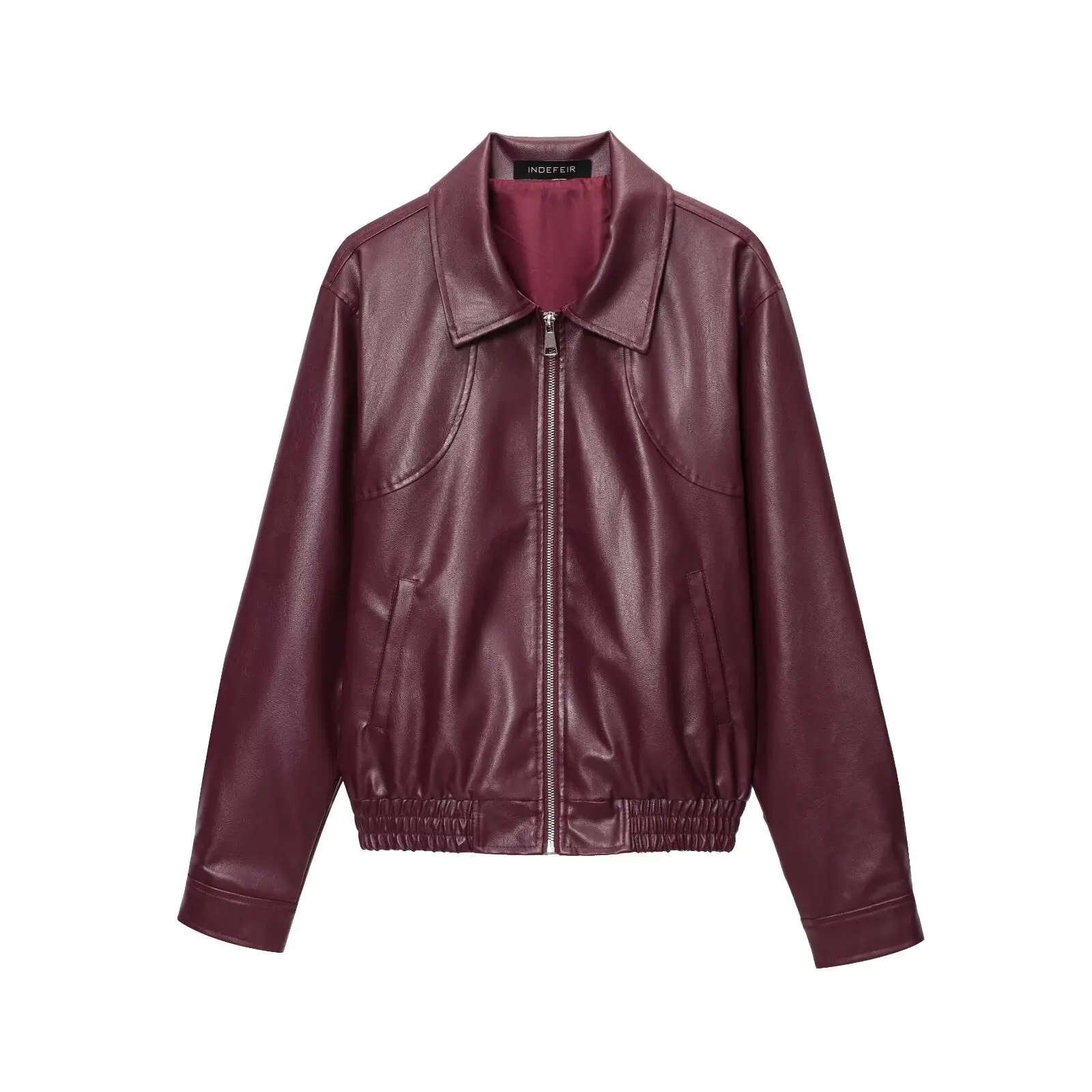 

European and American women's clothing new style Spring and Autumn retro collar zipper wine red leather jacket coat