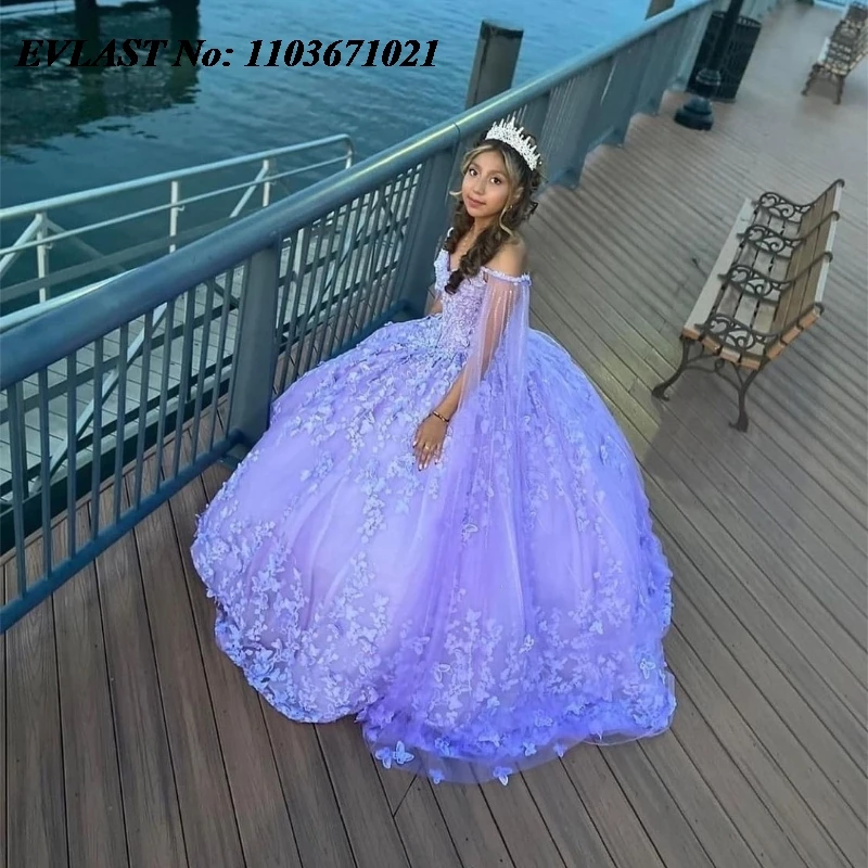 EVLAST Princess Lavender Quinnceanera Dress Ball Gown Lace Applique Beaded With Cape Corset Sweet 16 Vestidos De 15 Anos SQ523