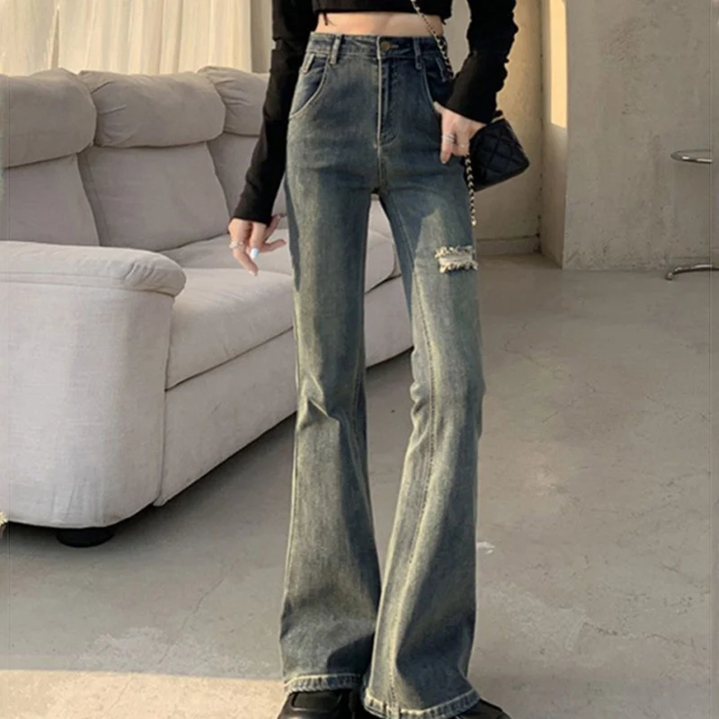

Уличная одежда, синие рваные джинсы для женщин, весенне-осенние шикарные джинсы-клеш с высокой талией, женские облегающие брюки на пуговицах