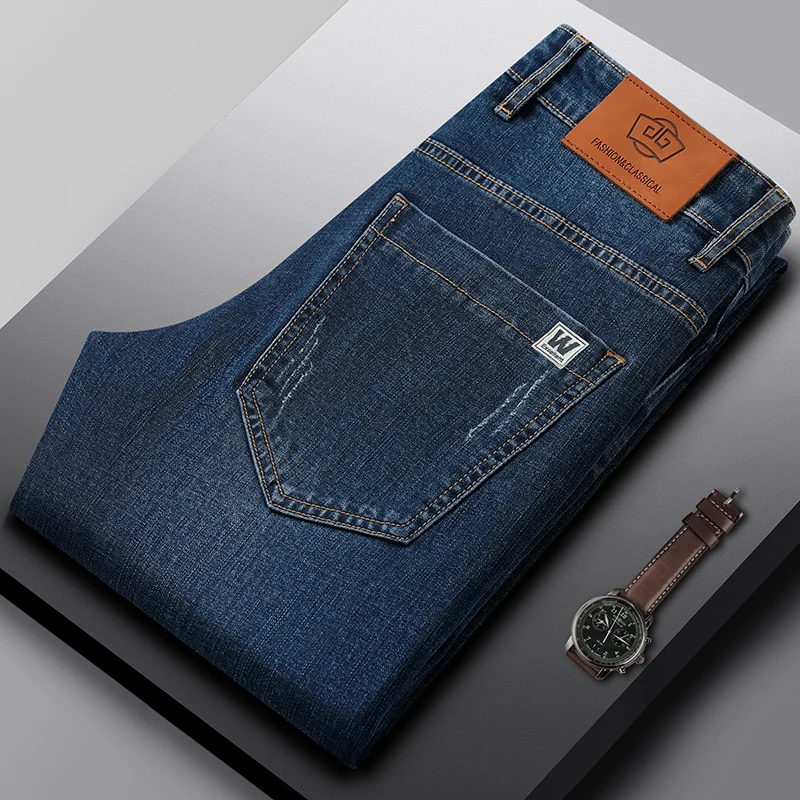

Classic Men's Fitted Straight Jeans Autumn New Fashion Scratched Elastic Denim Pants Basic Casual Pants Brand Male Clothes