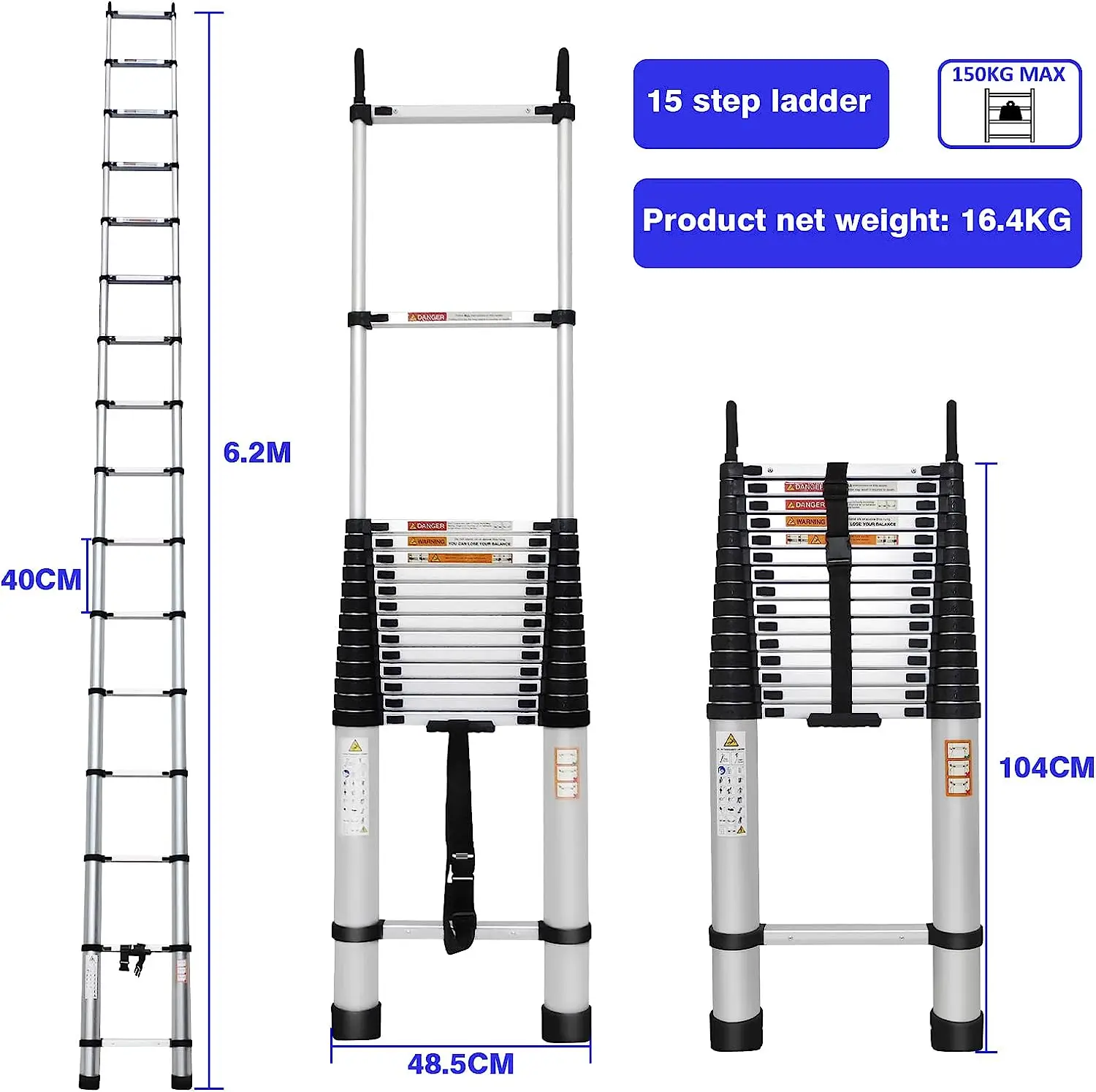 6.2m/20.3ft Heavy Duty Telescopic Ladder with Removable Hook Aluminum Folding ladder Non-slip fixed extendable Sturdy 15 Steps