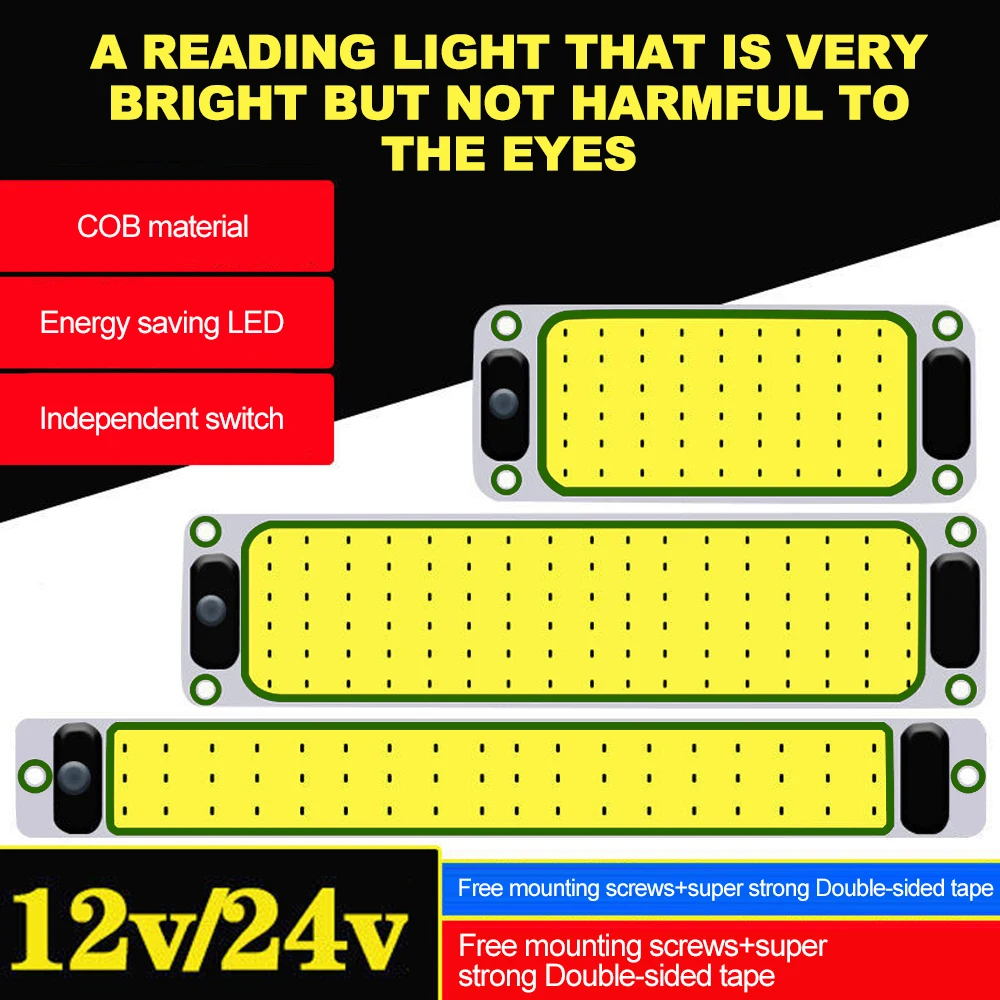 LED 12-24V Car Interior Lighting Reading Night Strip Light Interior Light Ceiling Lamp with On Off Switch for Van Lorry Truck