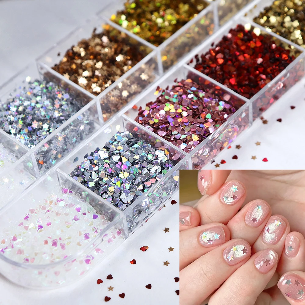 12Grids Sparkly Stars Heart Sequins Gold Holographic Nail Art Flakes Sequins Glitter Charms New Year Christmas Nail Supplies 1mm