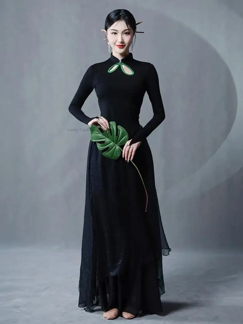 

New Chinese Style Classical Dance Dress Black long-sleeved Qipao Top Modern Dance Skirt Pants Folk Dance Cheongsam Dress