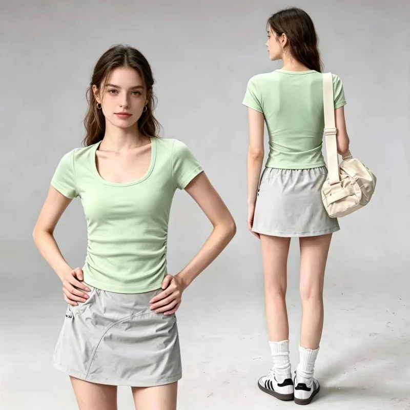 Summer Short Sleeve Padded Sports Tee for Women Slim Fit Quick Dry Breathable Yoga Top Gym Pilates Running Workout Athletic Top