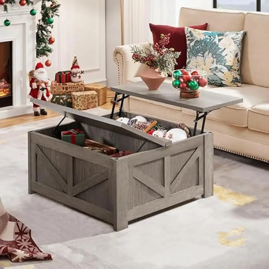 Lift Top Coffee Table, Square Farmhouse Coffee Table with Hidden Storage Compartment, Wood Center Table for Living