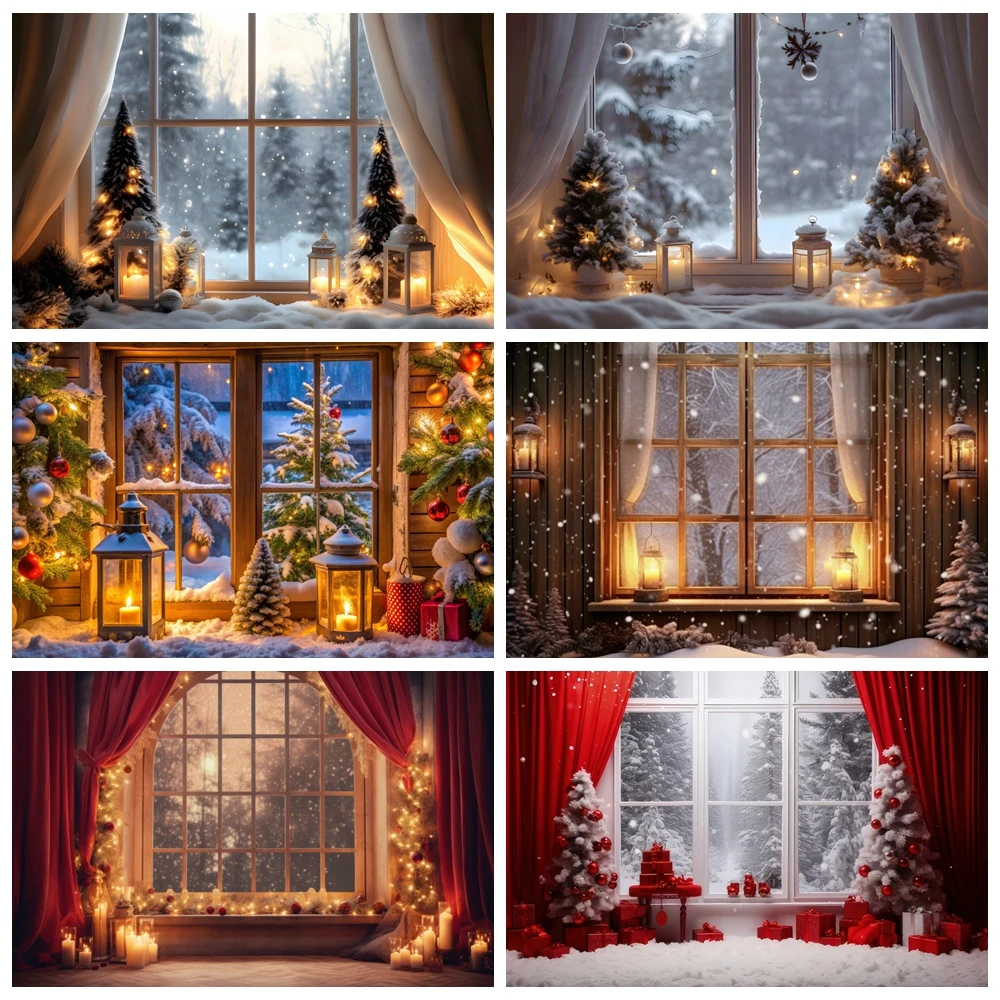 

Christmas Photography Backdrop Indoor Christmas Tree Winter Window Curtains Forest Candle Family Party Portrait Photo Background