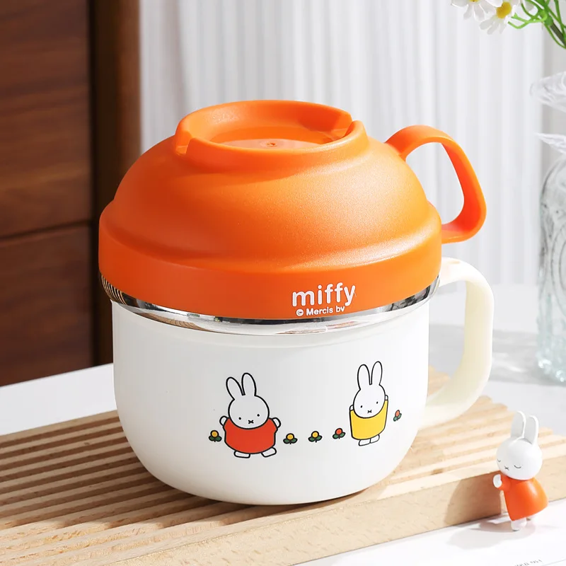 Fiambrera de acero inoxidable con conejo Miffy Kawaii, cuenco de fideos instantáneo cubierto con dibujos animados para estudiantes, vajilla portátil para niños