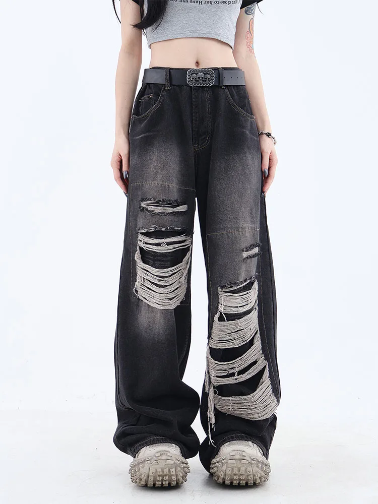 Women\'s Gothic Black Jeans High Waist Vintage Korean Fashion Y2k Streetwear Ripped Pants Harajuku Casual Wide Leg Denim Trousers