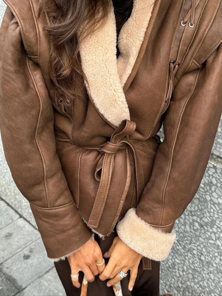 Vintage Lace Up Brown Patchwork Lapel Coats Women Fashion Pockets Loose Jacket With Belt 2024 Autumn Winter high street Outwear