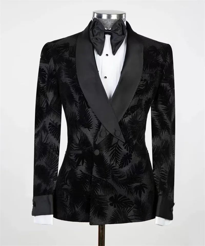 Black Leaf Printed Men Suits Blazer 1 Pcs Wedding Coat Formal Office Business Custom Made Satin Lapel Jacket Costume