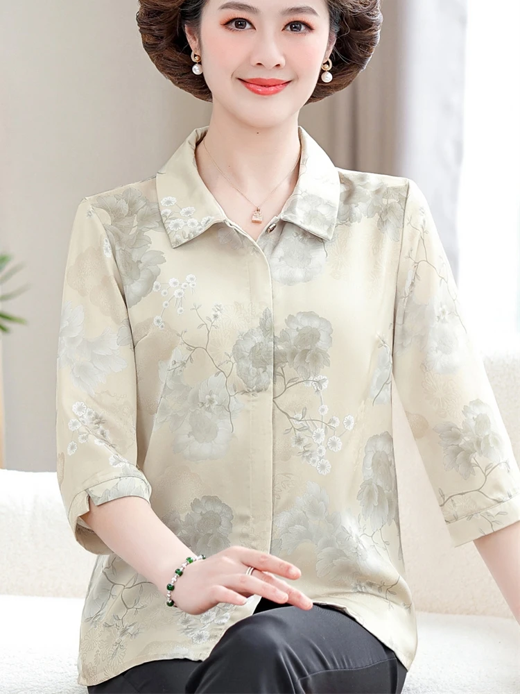 

Summer New Sle Faionable Chiffon irt Thin Sve Turn-down Collar Women's Seven Sve Top Ele Mom Clothes