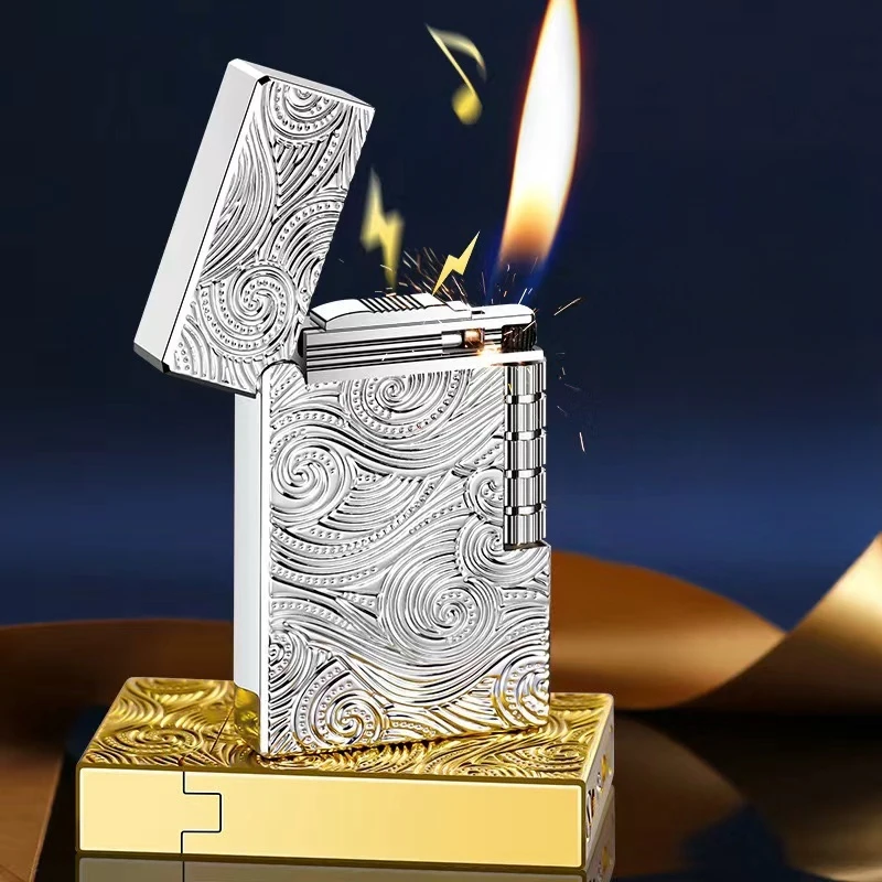 2024 Metal Steel Sound Chinese Dragon Oblique Fire Inflatable Lighter Side Pulley Igniting Butane Gas Pipe Lighters Smoking Gift