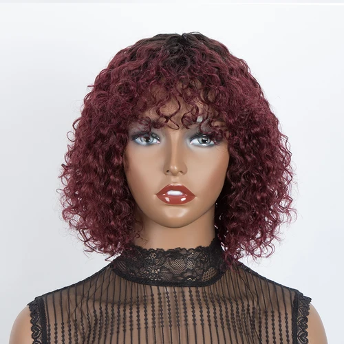 Imagen 2 del producto Pelucas de cabello humano Jerry rizado corto Bob con flequillo, peluca sin pegamento para llevar, peluca de color rubio ondulado con agua ombré 99J para mujer
