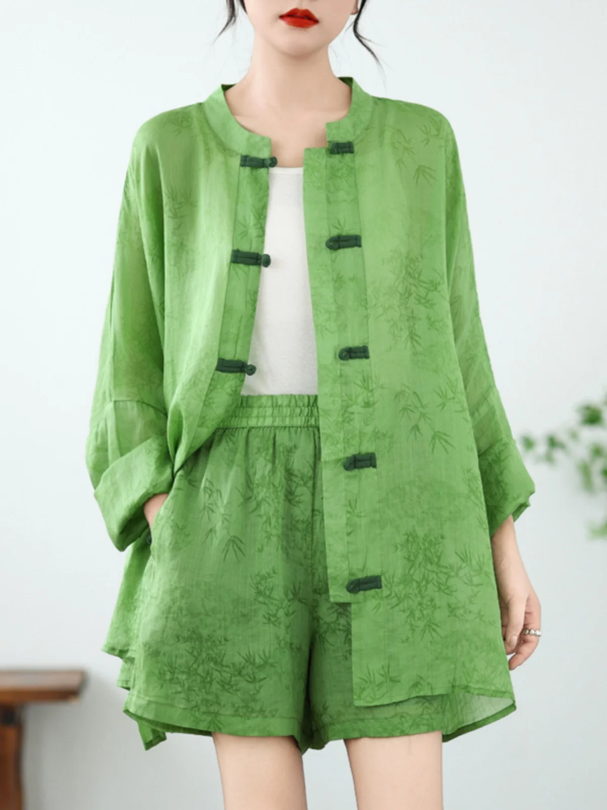 

Large Size Women's Summer Chinese Sle Vintage Button Print Cotton Linen Set Sun Protection Wide Leg orts Two Piece Set Tr...