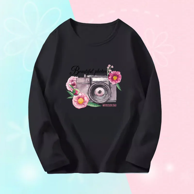 Girl Camera Graphic T-Shirts Spring Big girl Long Sleeve Autumn T-Shirts Young Kids Tee Tops  Cute Toddlers Tees