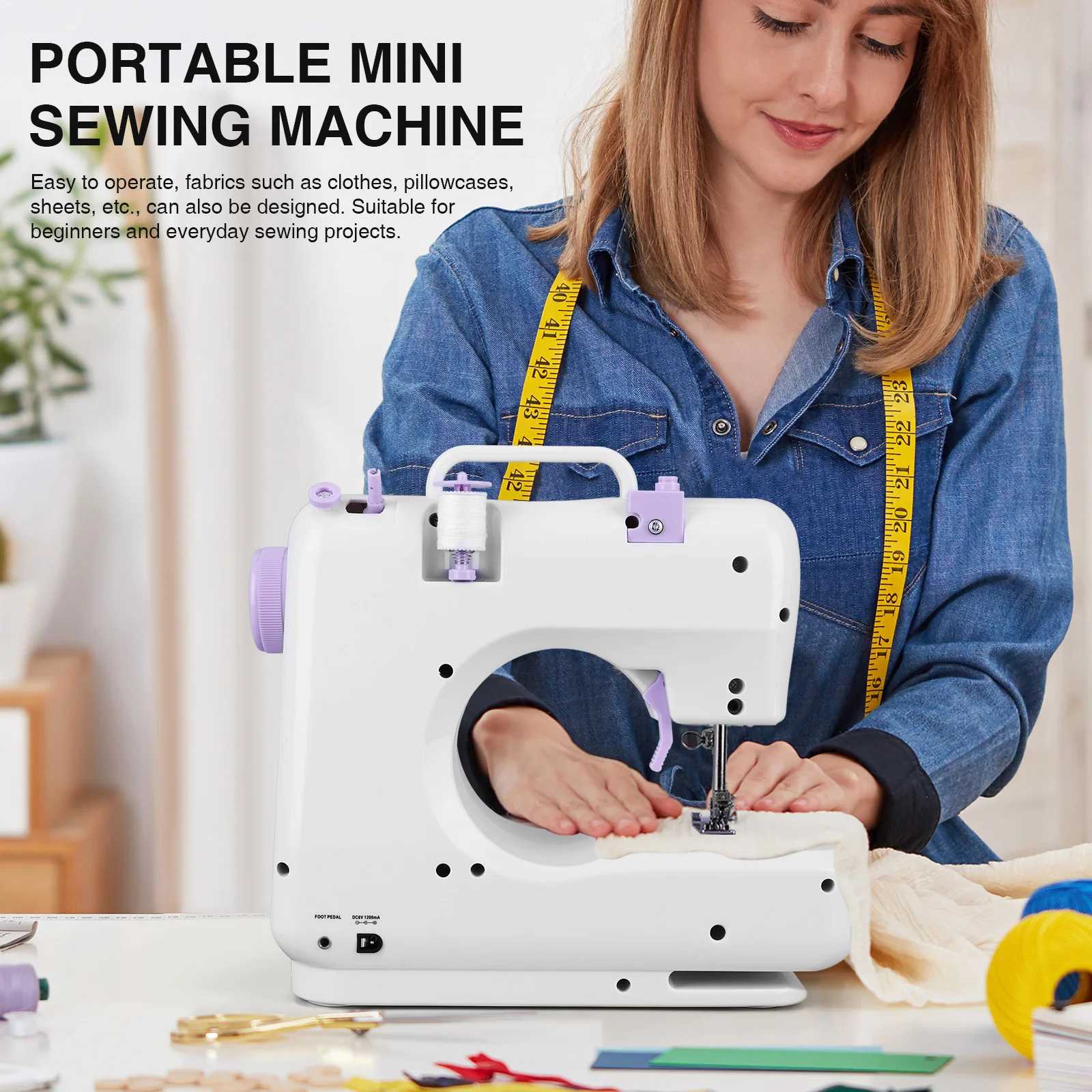 

Portable Mini Electric Sewing Machine for Beginners 12 Stitches Foot Pedal Night Light Speed Control for DIY Home Sewing Mending