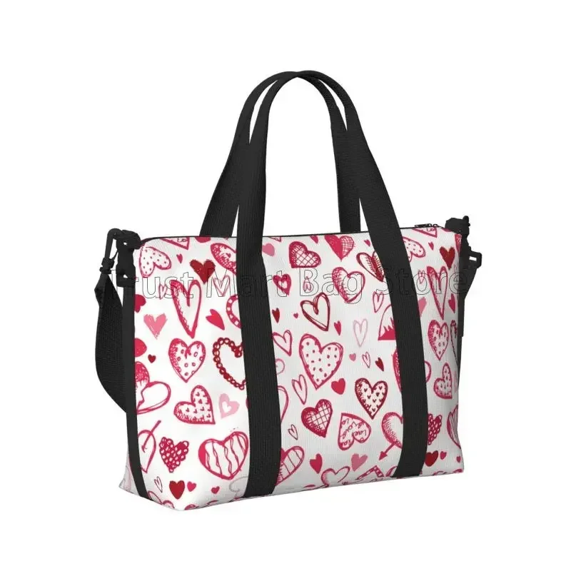 Red Love Hearts Pattern Travel Duffel Bag for Women Workout Weekender Overnight Bags Large Capacity Waterproof Luggage Handbag