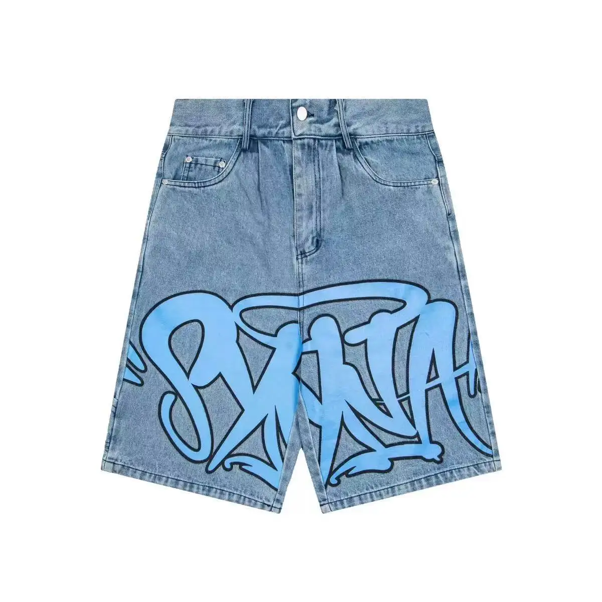 Synaworld American Street Hip Hop Letter Print Denim Shorts Washed Distressed Casual Bermuda Shorts Unisex