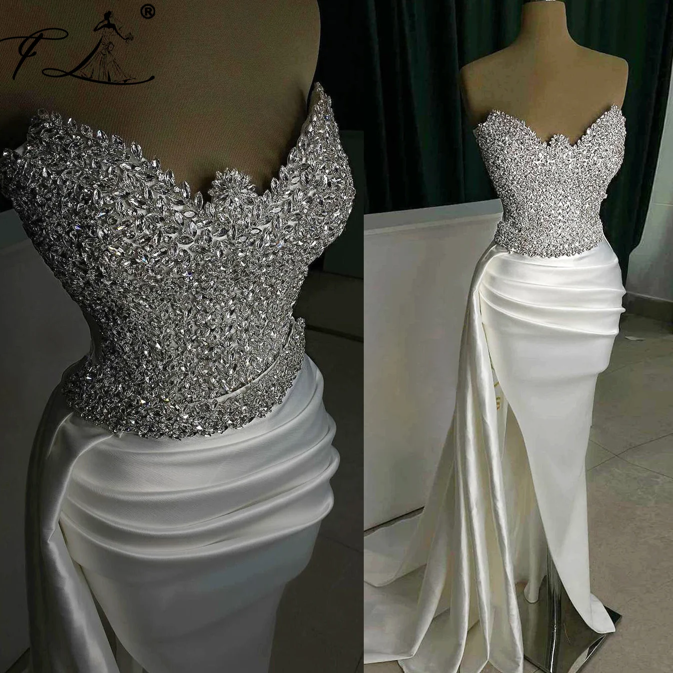 Sexy White Mermaid Evening Dresses Sweetheart High Split Crystals Wedding Party Gowns Boho Beach Bridal Prom Dress Customized