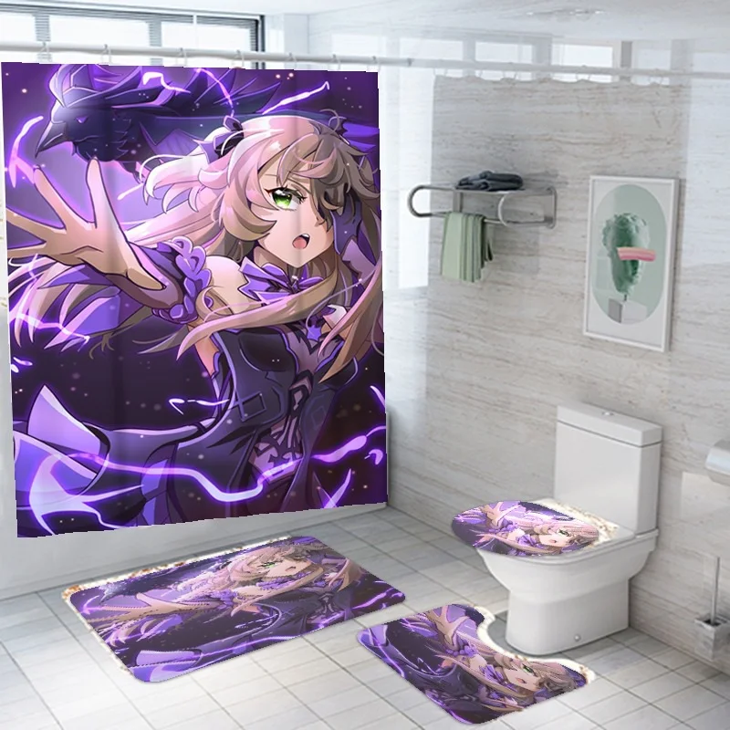 Game Genshin Impact Shower Curtain Kawaii Loli Hutao Venti Keqing Printed Bath Mat Set Bath Curtain Anime Bathroom Toilet Gift