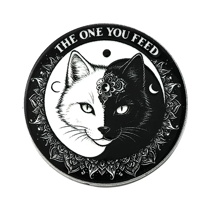 Cartoon The One You Feed Cat Pin Metal Enamel Half Black And White Face Animal For Backpack Denim Jacket Lapel Badge Gifts
