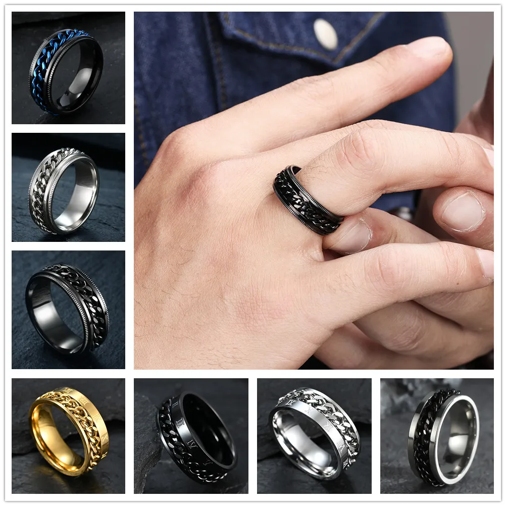 Anillo de cadena giratorio de acero inoxidable para hombre, Spinner de Metal, Anillo antiestrés para ansiedad, joyería al por mayor, Anillo Antiestres