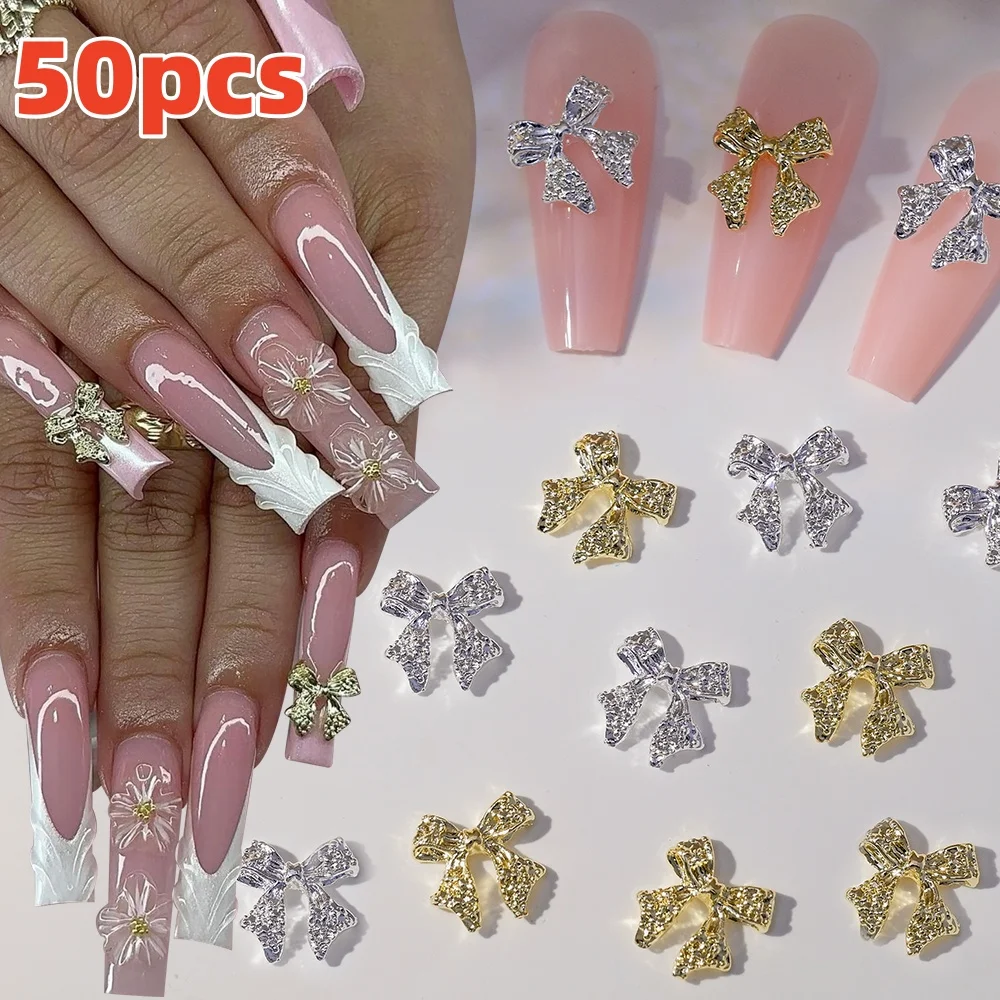 50 pezzi in lega di metallo bowknot gioielli per nail art oro argento papillon ciondoli per unghie super flash farfalla forniture per unghie accessori fai da te *