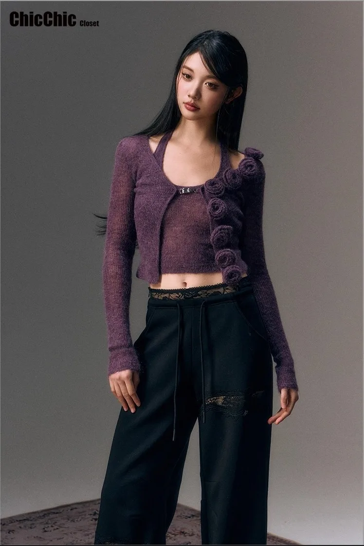 Damski kardigan z dzianiny z długim rękawem, styl koreański, czysta pokusa, seksowny wygląd, efekt wyszczuplający, dekolt z odkrytymi ramionami, nowość 2025.