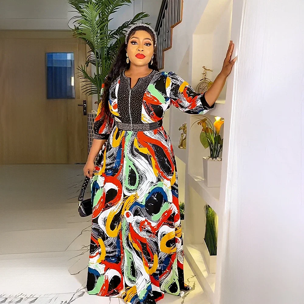 African Daimonds Print Dresses for Women Ankara Dashiki Muslim Dubai Abaya Turkey Kaftan Plus Size Boubou Robe Africa Clothing