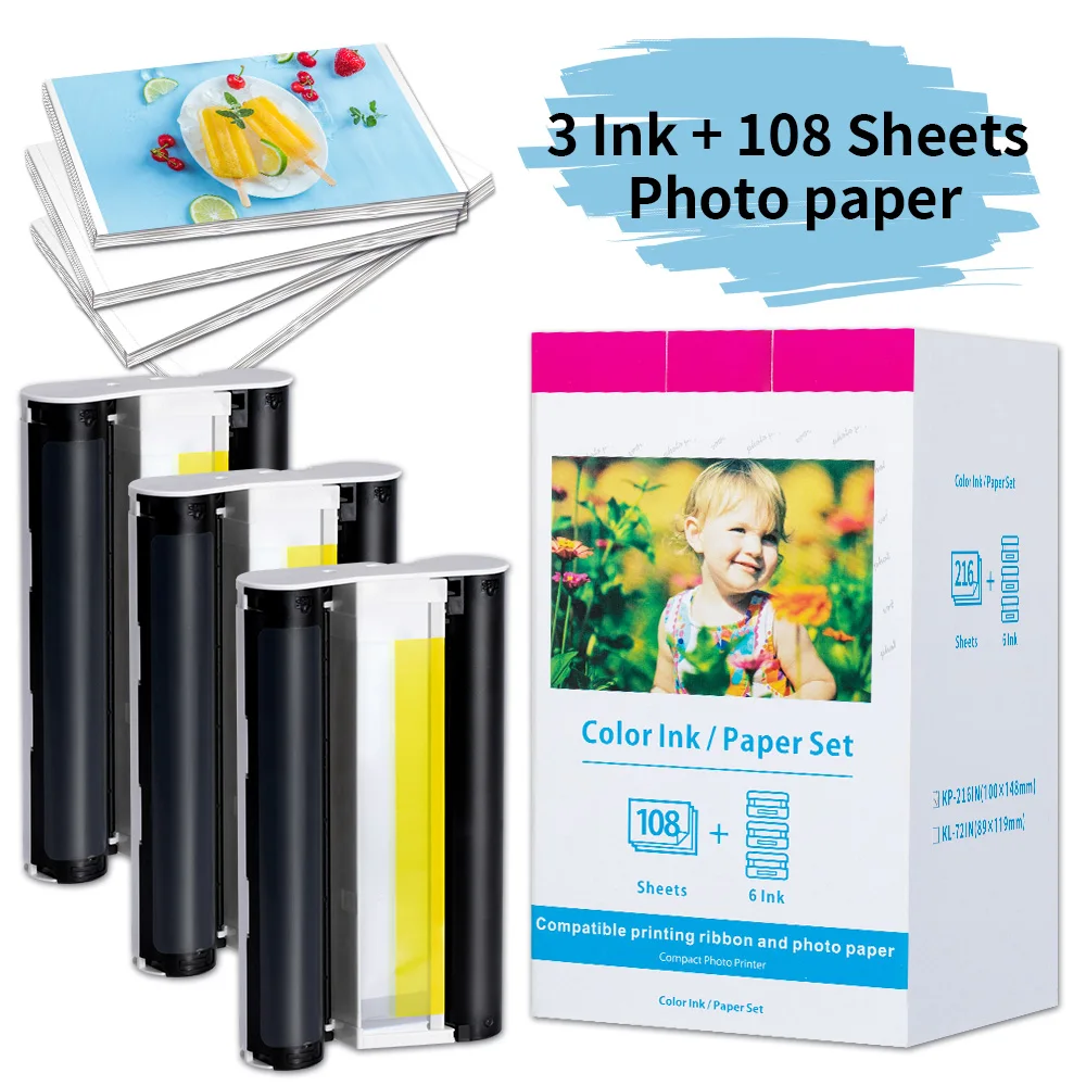 Cartouche d'encre et papier photo compatible pour IL Selpy CplingCP1500 CP1200 Imprimante photo KP-108IN KP-36IN 100x148mm (4x6 pouces)