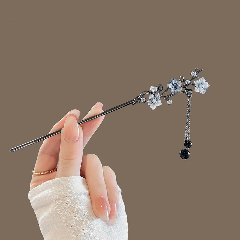 Modern Hair Stick Ink Flower Metal Tassel Hairpin Forks For Women Black Beads Fringe Hair Clasp New Chinese Hanfu Hair Jewelry