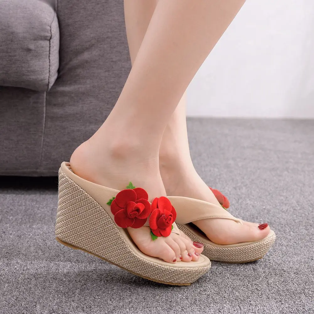 Sandals Woman Summer Comfortable Round Toe Flower Pinch 9CM Wedges High Heels Leisure Dress Sandal Women Shoe Slippers