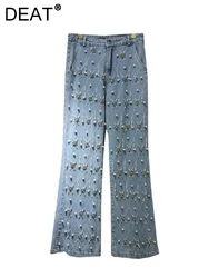 DEAT Women Jeans High Waist Embroidered Flares Plaid Pearls Straight Beading Pendant Denim Pants 2024 Autumn New Fashion 29L7029