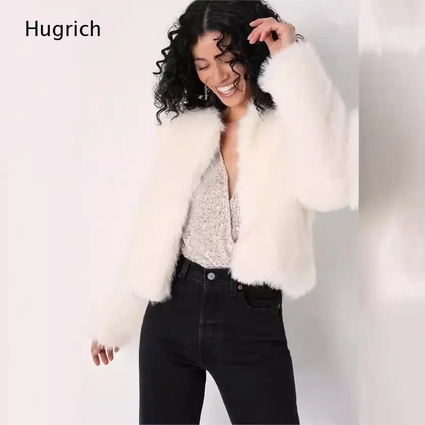 Ladies O Neck Faux Fur Cropped Coat Long Sleeve Thick Fluffy Furry Short Outer Jacket for Cold Winter Daily Outfit