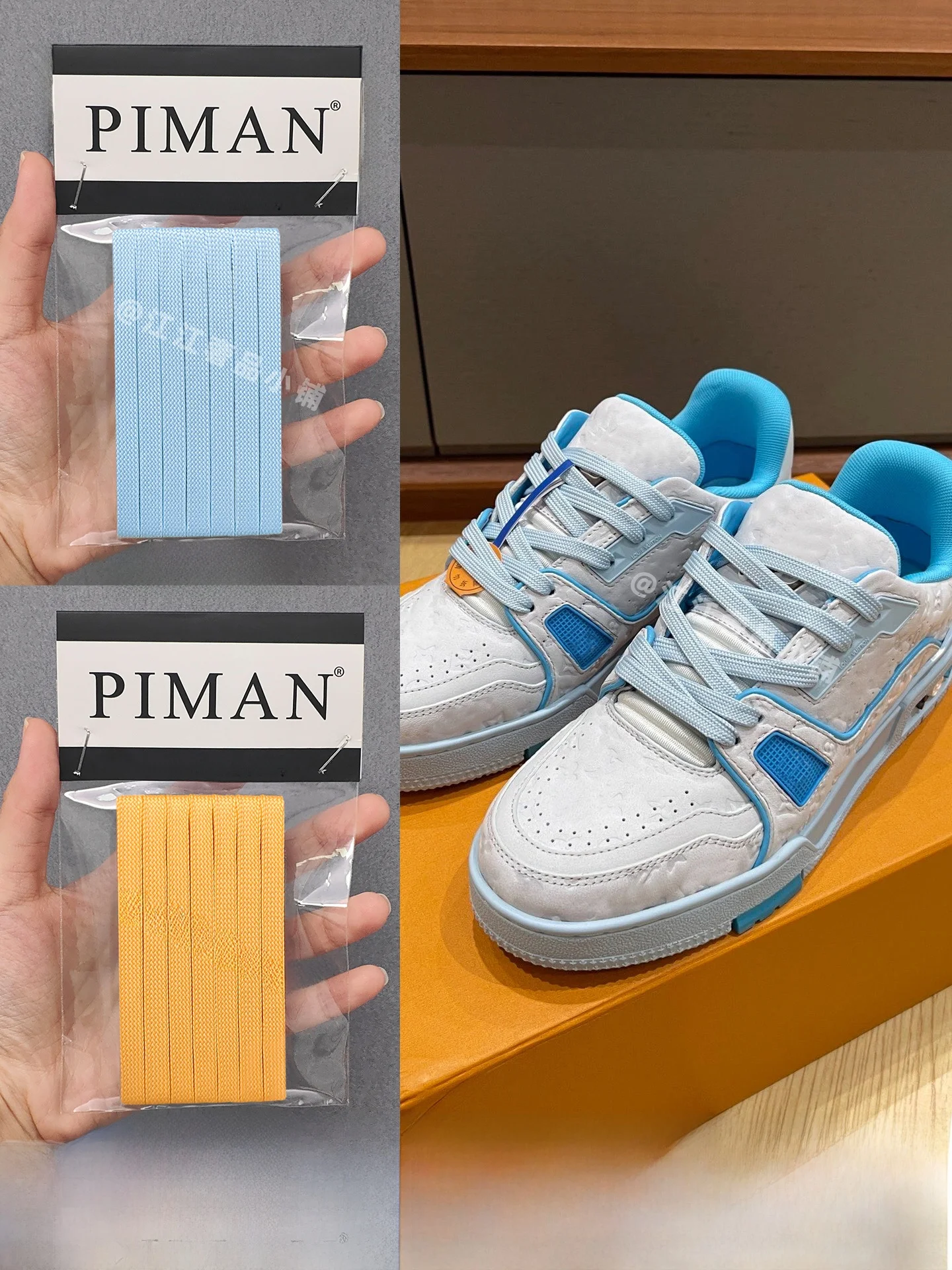 Cordones de zapatos unisex Piman Original Flat White Denim Panda Cement, compatibles con zapatillas LV Trainer, paquetes dobl...