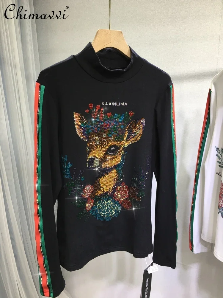 Fashion Thickened Polished Top Heavy Hot Diamond Bottoming Shirt Deer Cartoon Semi-turtleneck Warm Black Tight T-shirt Winter