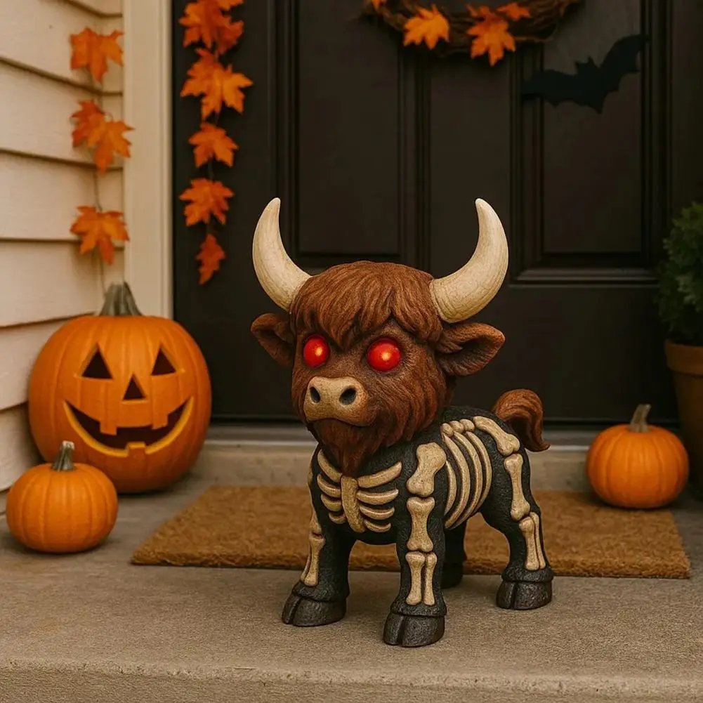 

Halloween Skeleton Highland Cow Statue Spooky Red Eyes Highland Cattle Figurine Sculpture Home Office Desktop Decoration