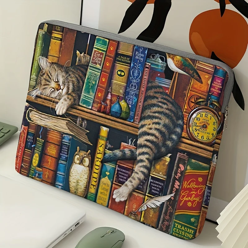 1, Laptoptasche mit Katzen- und Bücherregalmuster, Aktentasche, geeignet für 15-Zoll-Laptops, feste Laptoptasche (ohne Handgerät) – Detail 1