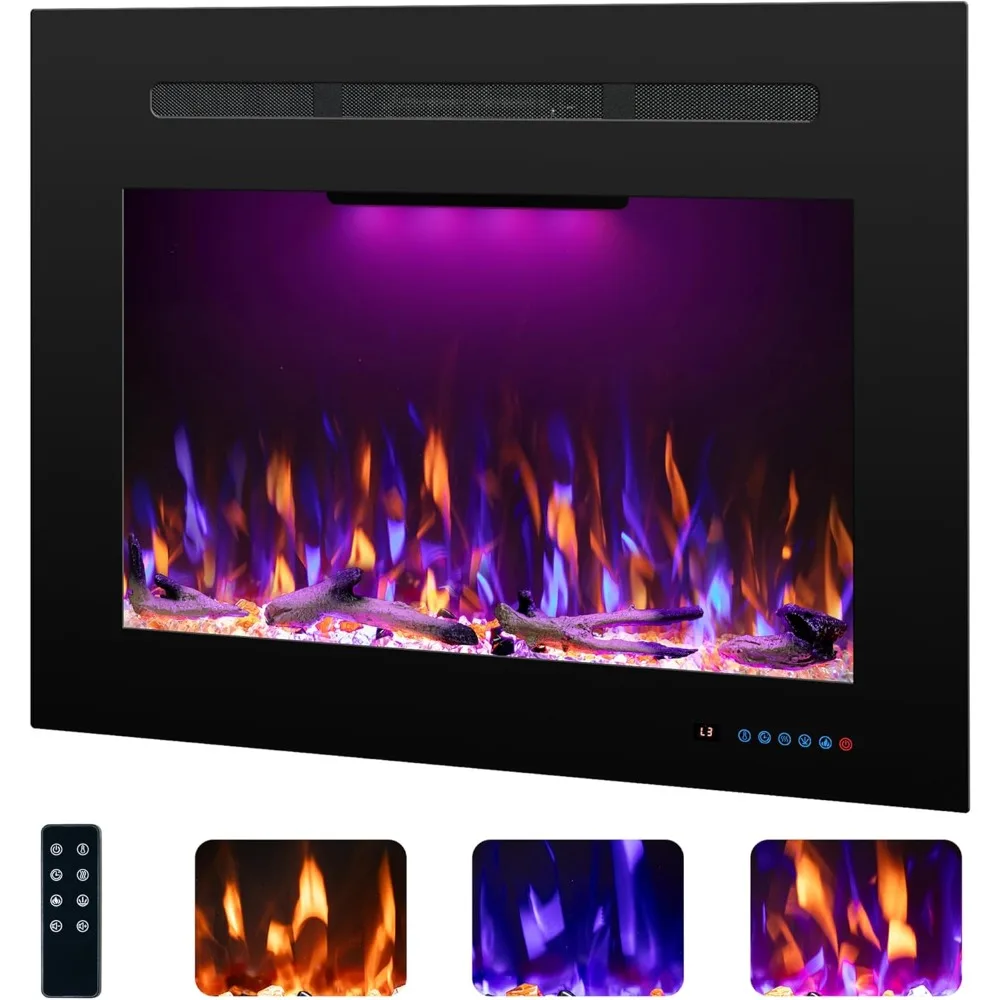 

Electric Fireplace Inserts with 3 Flame & Top Light, Recessed Fireplace Heater, Thermostat, 750/1500W, Crackling Sound, Logs & C