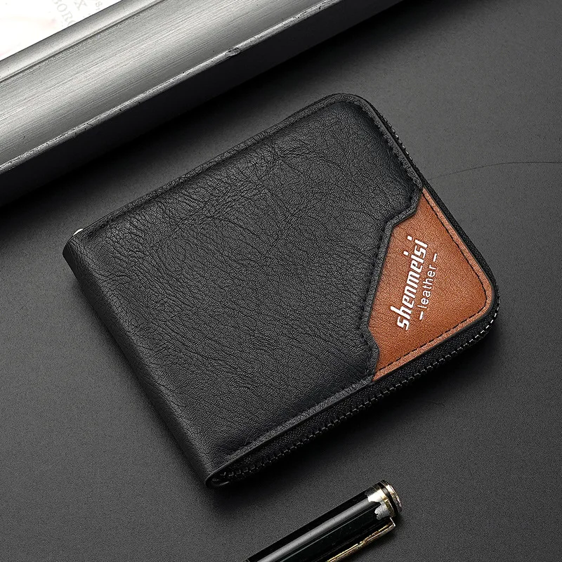 pu leather men's wallet fashion retro color collision splicing large capacity zipper anti lost wallet