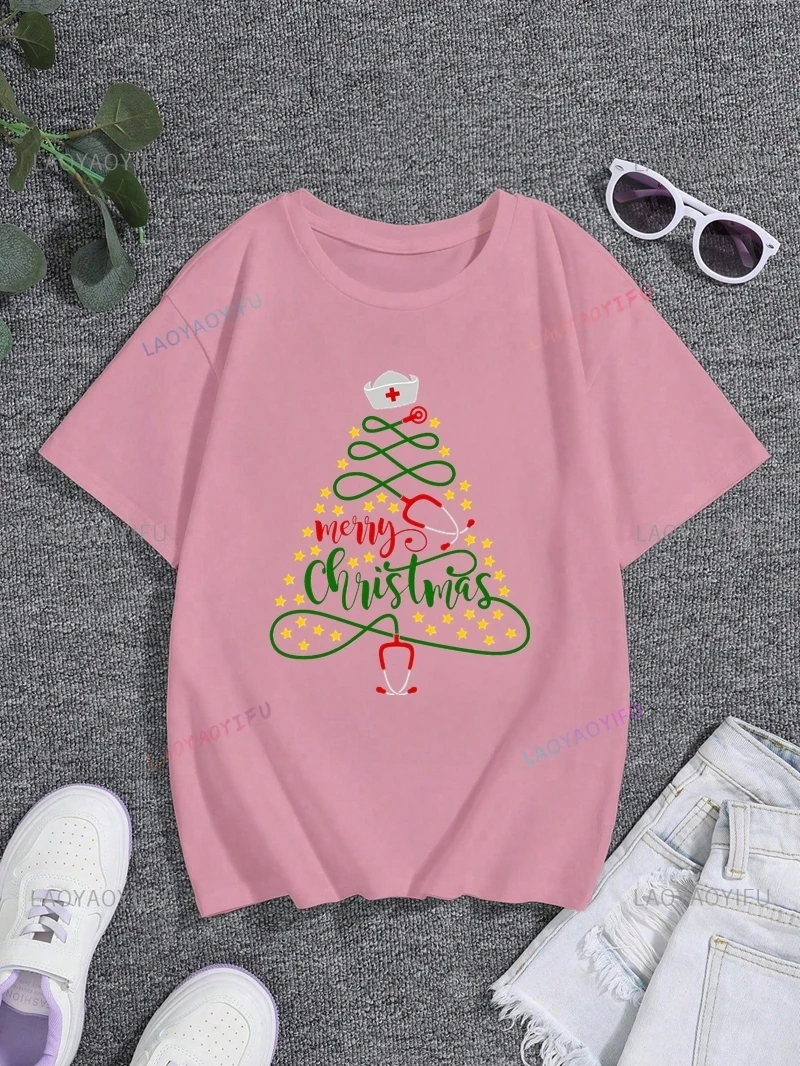 メリークリスマスプリントTシャツ、医療スタッフがクリスマスを祝うための日常のカジュアルウェア、ファッションコットンTシャツ、0ネック