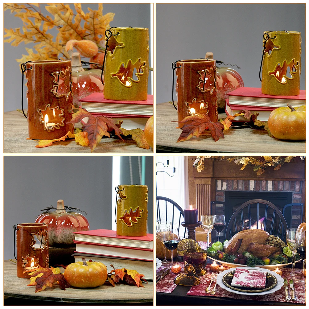 

Ceramic Hollow Maple Leaf Candlestick Decorative Lantern Thanksgiving Harvest Festival Holder Party Decor
