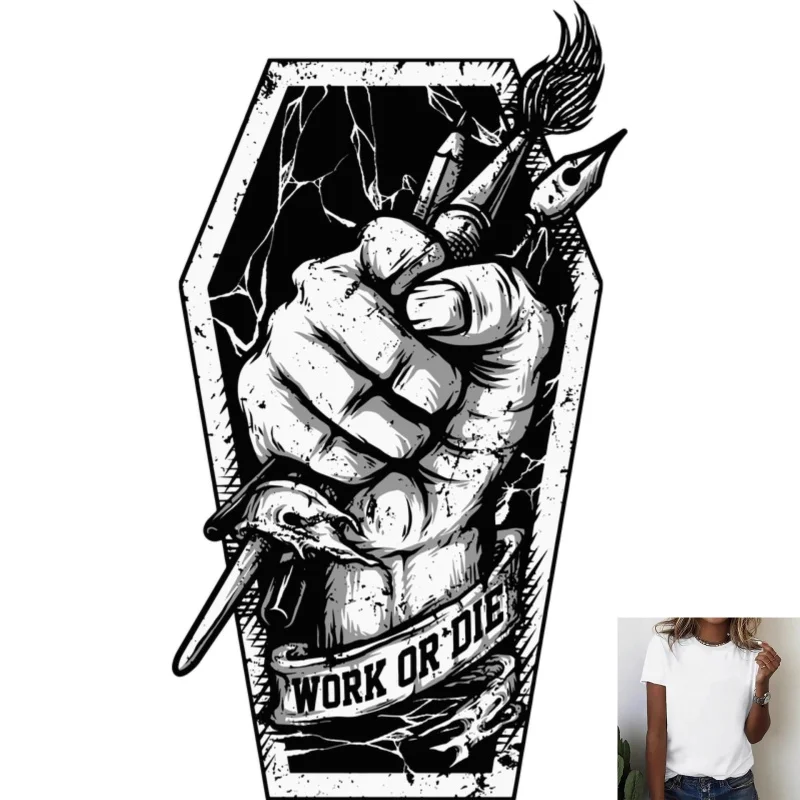 Gothic Coffin Fist & Painting Tools 'WORK OR DIE' Heat Transfer White Ink Iron - on Patch, Edgy Design for T - shirts, Bags &