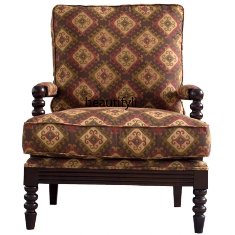 

American-Style Solid Wood Couch Modern Living Room Fabric Craft Single Log Printing Brown Study Leisure Chair