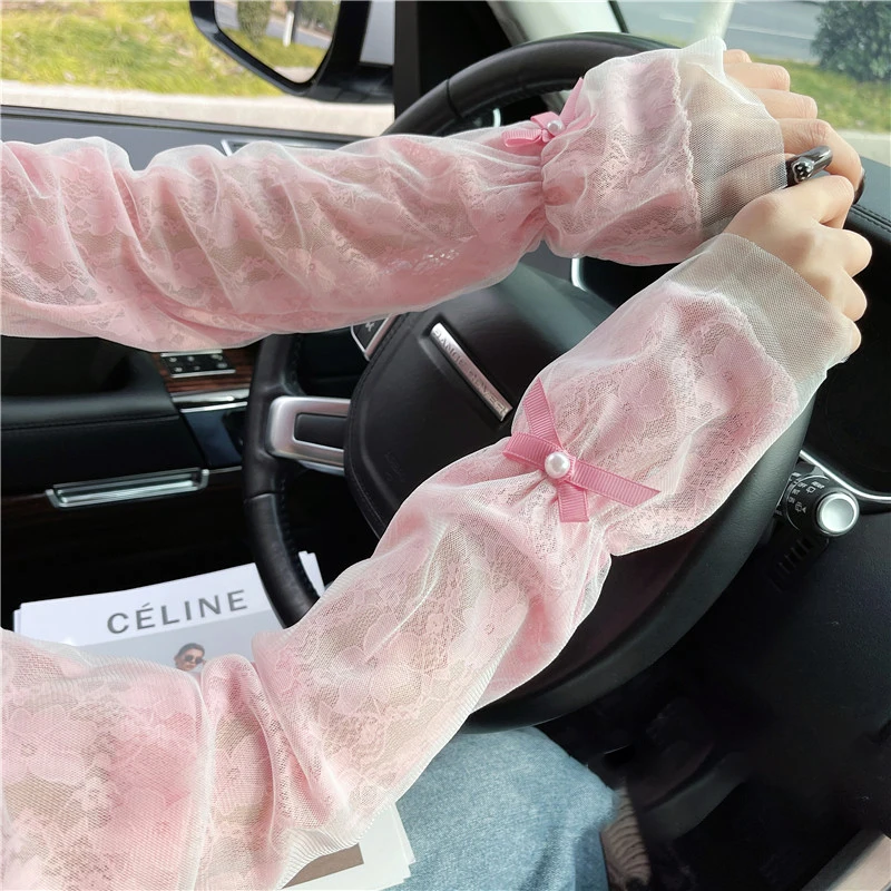 Women Arm Sleeves Summer Lace Sweet Sun Protection Sleeves Double-layer Driving Riding Thin UV Resistant Long Hand Sleeves