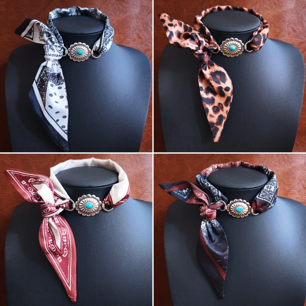 Vintage Western Cowgirl Bandana Choker Necklace Turquoise Metal Buckle Fabric Scarf Retro Boho Women Neck Jewelry Daily Gift