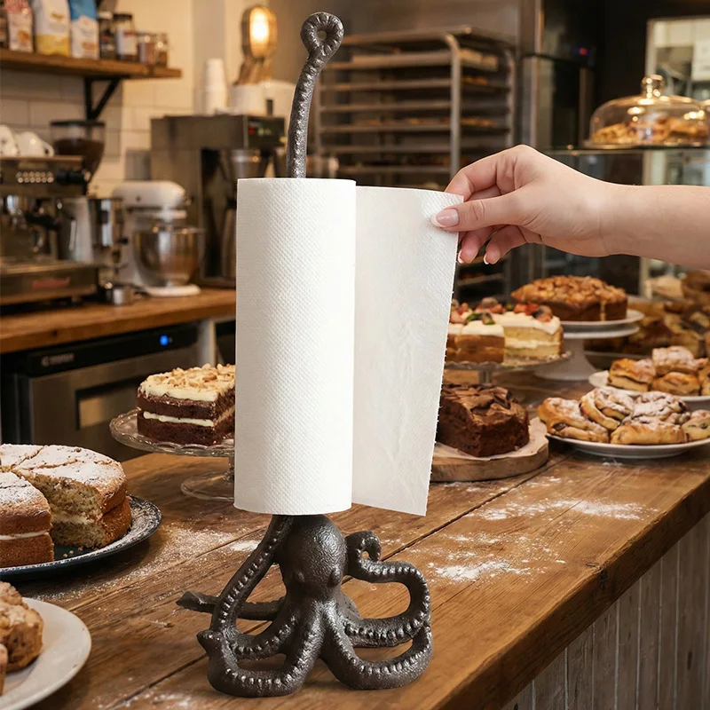 

European Retro Cast Iron Octopus Tissue Holder Ornament Kitchen Roll Tissue Holder Home Decoration Paper Towel Holder