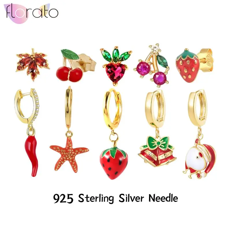 925 Sterling Silver Needle Cute Red Enamel Drip Glue Pendant Hoop Earrings For Women Strawberry/Chili/Star Gold Earrings Biżuteria