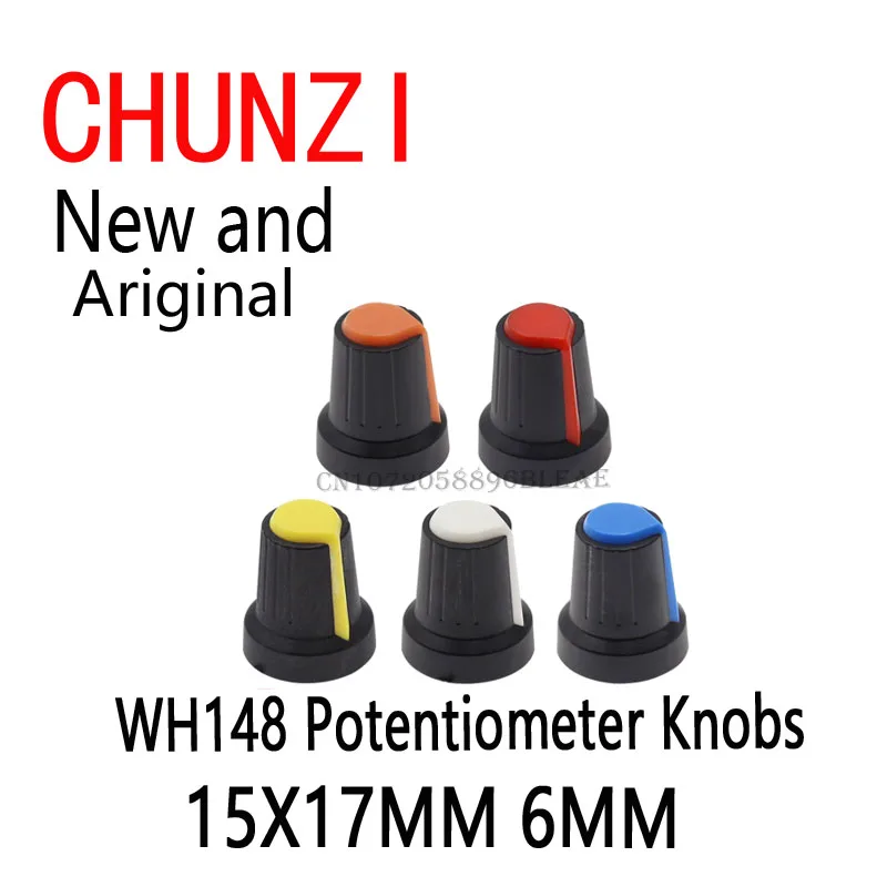 30PCS=5value*6PCS 15X17MM 6MM Potentiometer B10K Color Knob Cap Yellow Orange Blue White Red WH148 Potentiometer Knobs